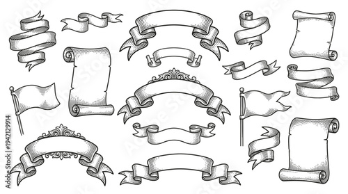 Close‑up view of a detailed arrangement of hand‑drawn scrolls and ribbons in line drawing style on a plain white backdrop