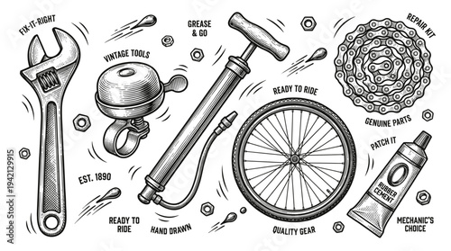 Close-up view of bicycle tire repair tools illustration showing wrench, valve, pump, wheel, glue and rubber on white background with labels