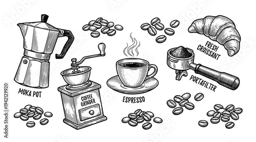 Hand-drawn illustration of coffee pot, grinder, cup, and croissant arranged on a simple tabletop, viewed from a flat perspective