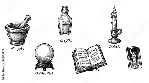 Close-up view of a magical study table displaying a mortar, bottle, candle, crystal ball, and book in a black‑and‑white illustration