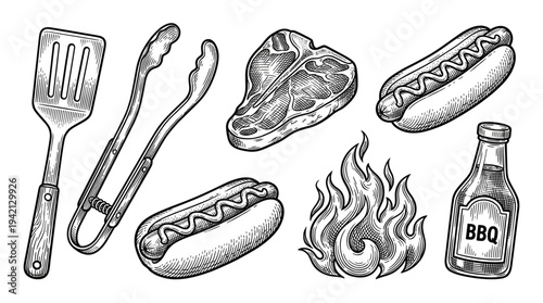 Close-up view of a barbecue illustration featuring spatula, tongs, steak, hotdog, and flame arranged on a stylized grill scene