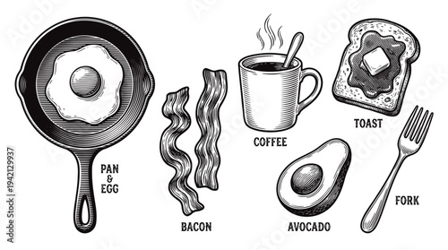 Flat lay illustration of a breakfast spread featuring pan, bacon, coffee, toast, and avocado on a clean white backdrop