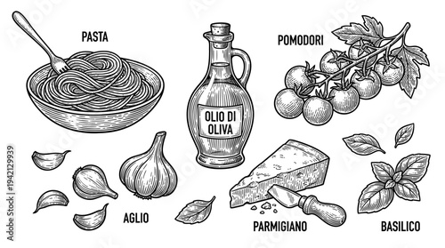 Illustrated flat lay of pasta, olive oil bottle, garlic, tomato, and basil ingredients arranged on a white surface
