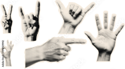 Halftone pop art vector close up hands showing peace rock shaka ok point open palm isolated retro comic style dramatic