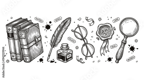 Whimsical horizontal arrangement of books, quill, inkwell, glasses, and magnifier illustrated in black and white on plain backdrop