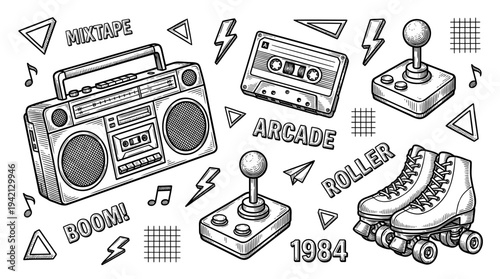 Illustrated retro collection of boombox, cassette, joystick, rollerskate and arcade items captured from a nostalgic 1980s viewpoint