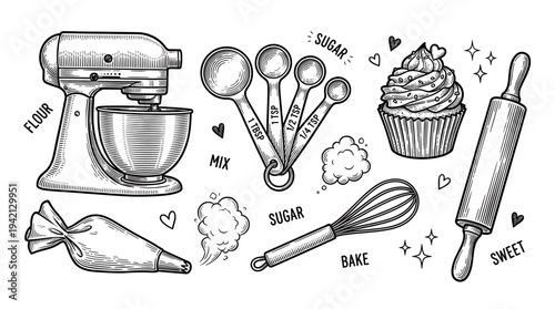 Playful Black‑White Illustration Showcasing Mixer, Piping Bag, Spoon, Whisk, and Cupcake Tools in a Clean Studio Viewpoint