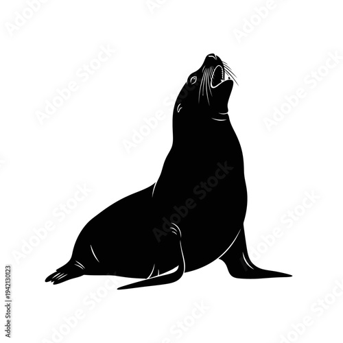 Black silhouette of a sea lion with its mouth open, isolated on white.