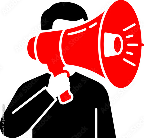 Businessman with Red megaphone delivering announcement in urban setting