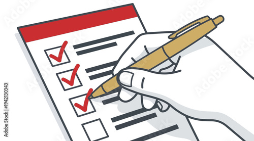 Close-up of Hand Checking Off Items on Checklist with Pen