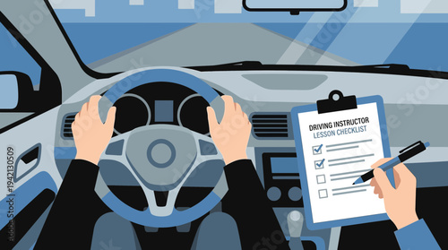Driving Instructor Conducting Road Test with Checklist in Car Interior
