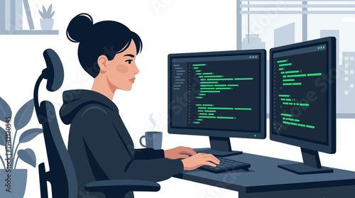 Female Software Developer Coding on Multiple Monitors in Modern Office