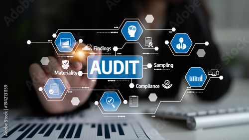 Foto A creative representation of audit processes showcasing compliance, materiality, and findings with data visualization in a professional business environment