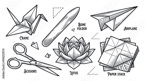 A collection of origami elements and crafting tools surrounding a lotus flower, showcasing paper art and creativity in a serene environment from a top-down viewpoint.