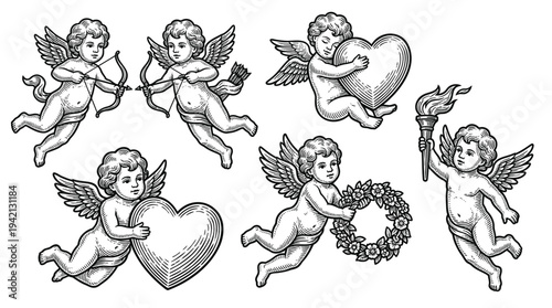 Collection of cherubs holding hearts and wreaths in a serene illustration