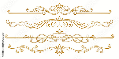 Set of elegant golden decorative dividers and flourishes, vector