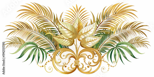 Elegant golden and green tropical leaf arrangement with ornate filigree, vector