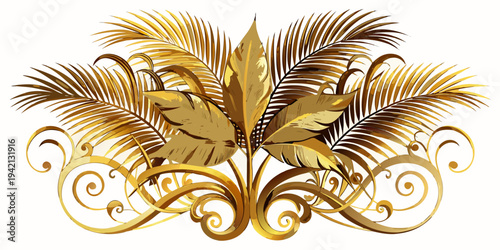 Elegant golden tropical palm leaves and ornate scrollwork, vector