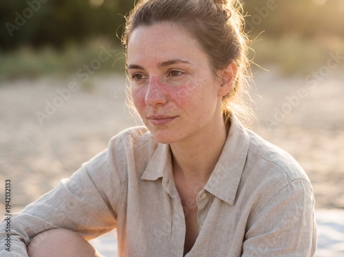 Lupus (SLE): Professional photography, young woman with a visible butterfly-shaped red rash across her cheeks and nose, soft sunlight, authentic skin details, editorial portrait. Vivid light. Profe