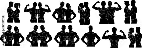 Fitness Couple and Bodybuilder Silhouettes – Gym Motivation Workout Icons for Athletic Branding