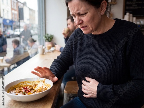 Gastritis: Professional photography, person sitting at a cafe table pushing away a plate of spicy food, hand on stomach, pained expression, shallow depth of field.