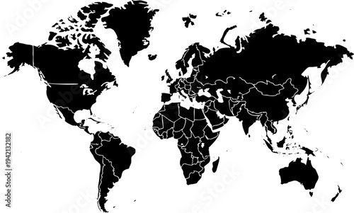 Detailed Black World Map Vector – Silhouette Global Map with Country Borders for Education and Business