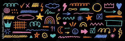 Crayon kids scribble elements, brush lines doodle set. Chalk pencil shapes, check marks, arrows, stars and hearts in sketch style. Hand drawn vector illustration isolated on black background