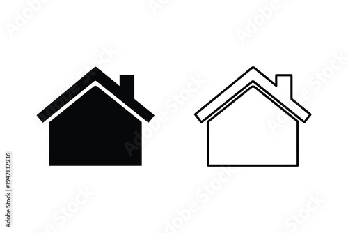 Two simple house icons in black and white, one filled and one outlined, on a clean white background for design and architecture use.