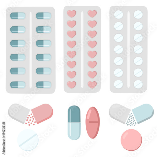 Flat vector set of pharmaceutical blister packs and pills. Includes heart-shaped tablets and open capsules symbolizing personalized medicine and mental health care.