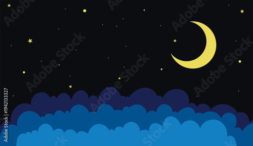 Peaceful night sky scene with a yellow crescent moon stars and blue clouds background for children and sleep concept