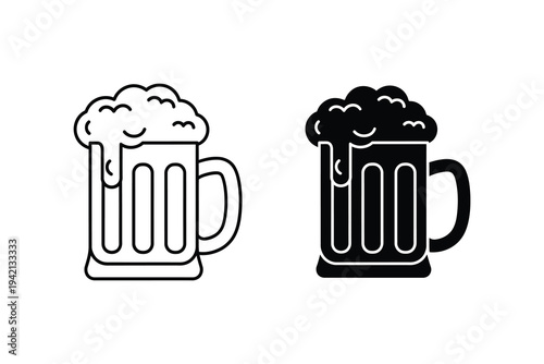 Two black and white vector illustrations of frothy beer mugs, one colored and one outlined, on a white background, perfect for icons or logos.