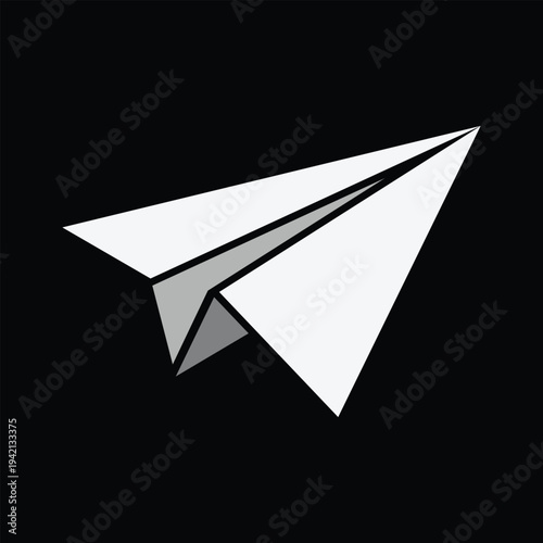 White paper plane icon flying isolated on black background for startup launch and message communication concept