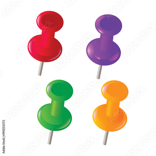 Set of colorful push pins and thumbtacks isolated on white background for office memo board and stationery organization