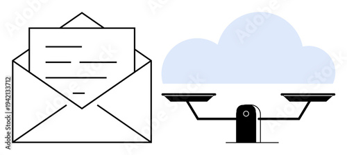 Email management, cloud storage, data security, information sharing, decision-making, digital services. Outline of an envelope, balanced scale and a cloud. Email management and cloud storage concept