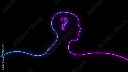 Neon outline of human head in profile with question mark inside, glowing purple and blue lines on black background, futuristic concept of thinking, doubt, mental health, ai.