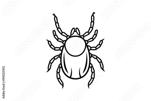 A detailed vector illustration of a black tick insect, arachnid with eight legs and oval body, viewed from above, on white background.