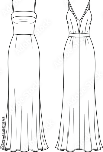 Title (Exactly 20 Words)White strappy maxi gown evening dress technical flat sketch front back view apparel design cad drawing flat vector illustration template