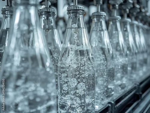 Close-up of clear glass bottles filling with sparkling liquid and bubbles on industrial conveyor. Ideal for food production, beverage industry, manufacturing & bottling concepts.