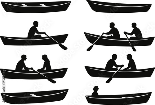 Rowboat silhouette vector icon set isolated