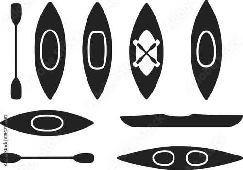 Kayak silhouette vector icon set isolated
