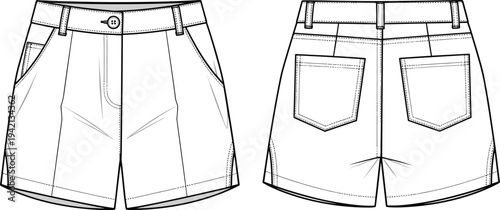 White twist front v neck long sleeve dress technical flat sketch front back view apparel design cad drawing flat vector illustration