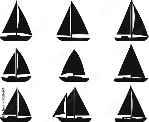 Sailboat silhouette vector icon set isolated