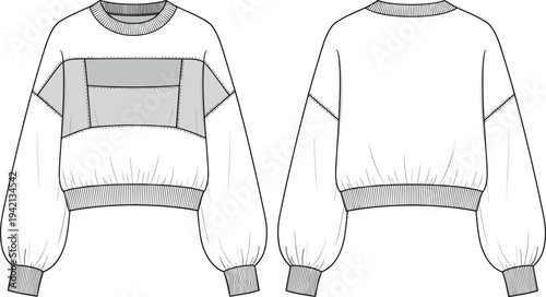 Women's oversized cropped sweatshirt technical fashion sketch, long sleeve crewneck sweater flat vector illustration, front and back view apparel cad drawing