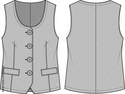 Women's buttoned waistcoat technical fashion sketch, grey sleeveless vest flat vector illustration, front and back view garment cad drawing template