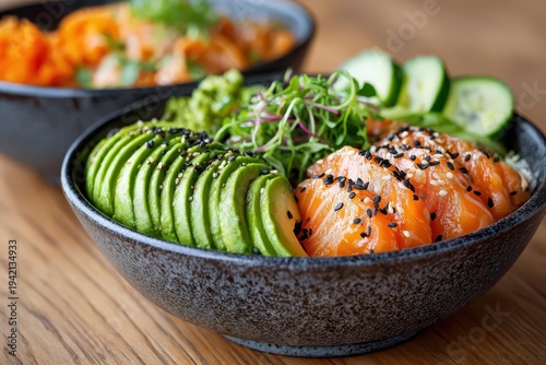 A beautifully arranged Salmon Poke Bowl filled with fresh ingredients such as avocado, cucumber, and garnished microgreens. It is very healthy and delicious.