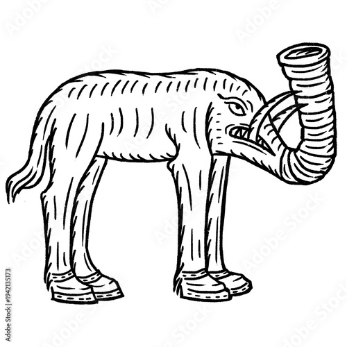 Canvas Print Medieval imagined elephant with exaggerated trunk – fantasy beast, vintage engra