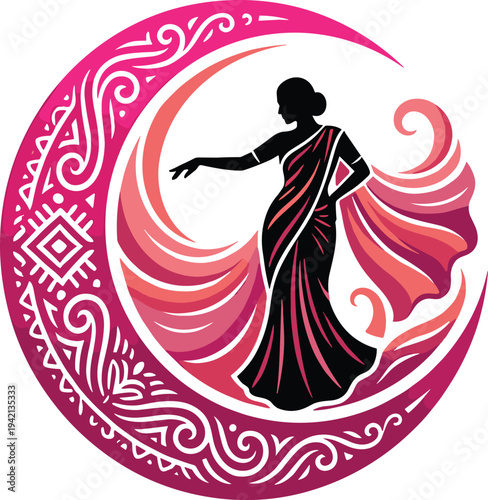 Elegant crescent moon fashion logo with flowing saree woman silhouette and ornamental patterns stylish boutique branding design for beauty clothing luxury feminine brand identity