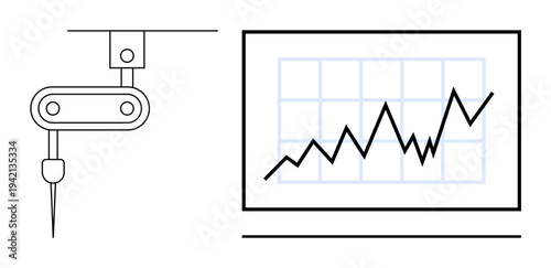 Industry automation, technology trends, business growth, data analytics, manufacturing, market progress. Robot arm alongside a graph with an upward trend. Automation and technology trends concept