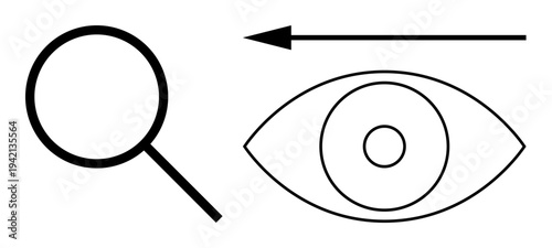 Search concept. Search tools, including magnifying glass and eye symbols, highlight exploring and analyzing information. Search helps navigate insights and decision-making. For research, usability