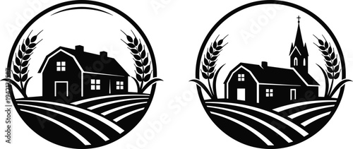 Rural farm landscape logo set with barn house, wheat ears and church silhouette in circular badge design for agriculture branding countryside emblem illustration